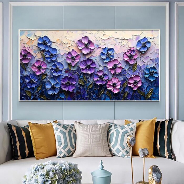 Purple Blue Flower Texture Painting 3D Floral Abstract Wall Art Pink Flower Canvas Painting Textured Flower Painting Decor - Image 4