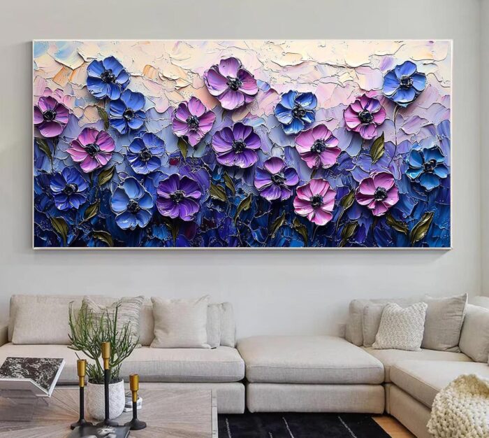 Purple Blue Flower Texture Painting 3D Floral Abstract Wall Art Pink Flower Canvas Painting Textured Flower Painting Decor - Image 3