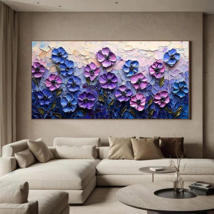 Purple Blue Flower Texture Painting 3D Floral Abstract Wall Art Pink Flower Canvas Painting Textured Flower Painting Decor