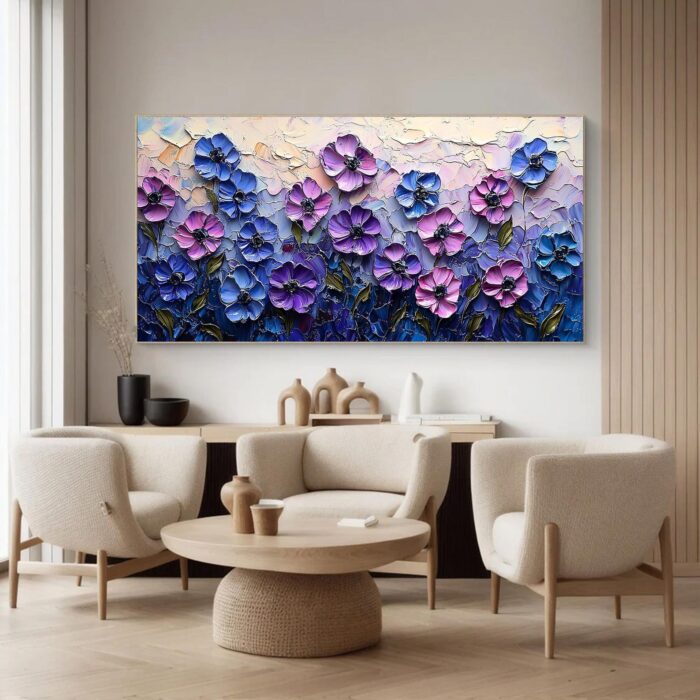 Purple Blue Flower Texture Painting 3D Floral Abstract Wall Art Pink Flower Canvas Painting Textured Flower Painting Decor - Image 7