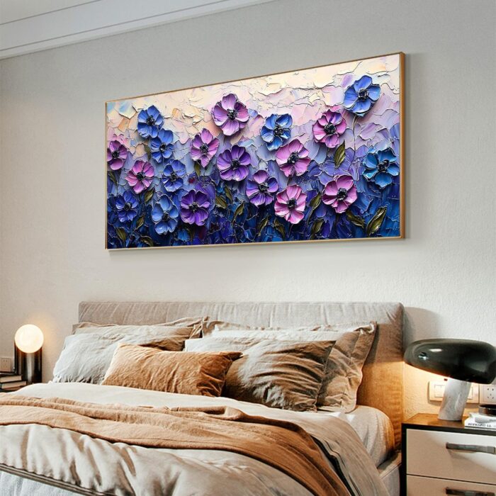 Purple Blue Flower Texture Painting 3D Floral Abstract Wall Art Pink Flower Canvas Painting Textured Flower Painting Decor - Image 9