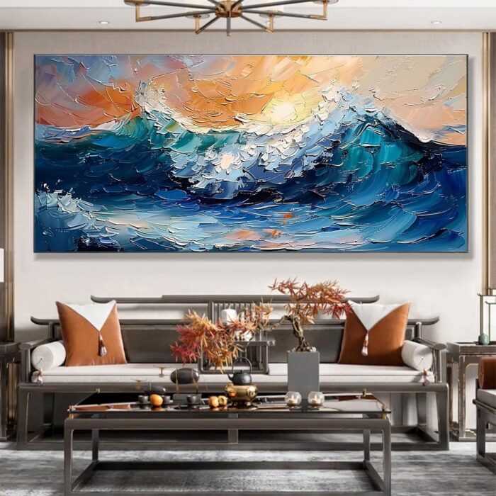 Rough Waves Wall Art Canvas Painting Blue Seascape Handmade Painting Canvas Art for Living Room Home Decoration