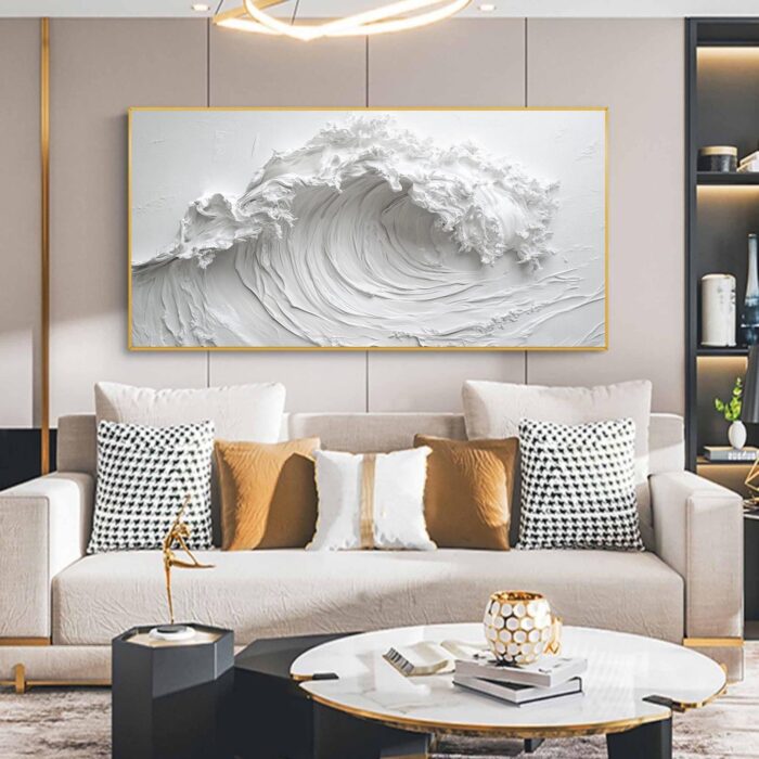 Texture White Wave Painting Surf Wave Canvas Painting Abstract Ocean Canvas Art Original Minimalist White Art Painting Large Wave Canvas Wall Decor - Image 4
