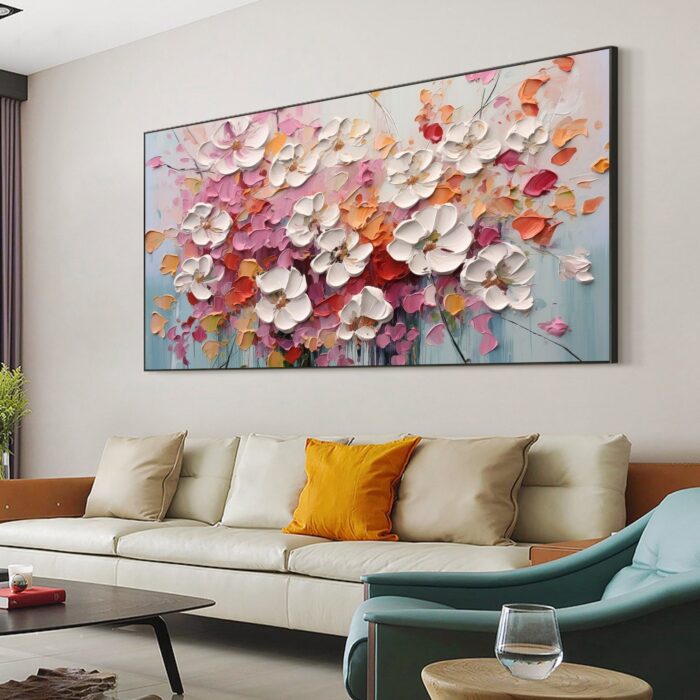 White And Pink Flower Oil Painting 100% Hand Painted  3D Texture Thick Floral Flower Painting Palette Knife Oil Painting On Canvas Decor for Living Room Bedroom  Office Restaurant - Image 7