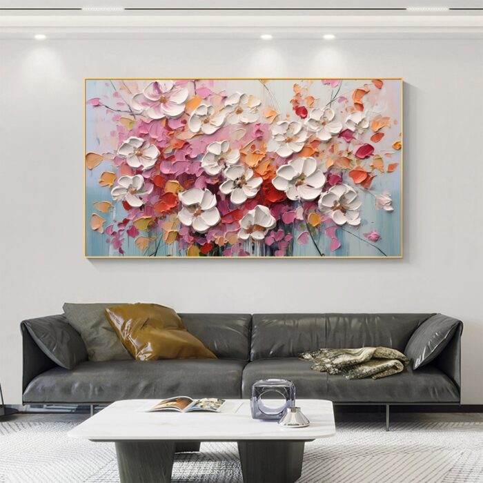 White And Pink Flower Oil Painting 100% Hand Painted  3D Texture Thick Floral Flower Painting Palette Knife Oil Painting On Canvas Decor for Living Room Bedroom  Office Restaurant - Image 3