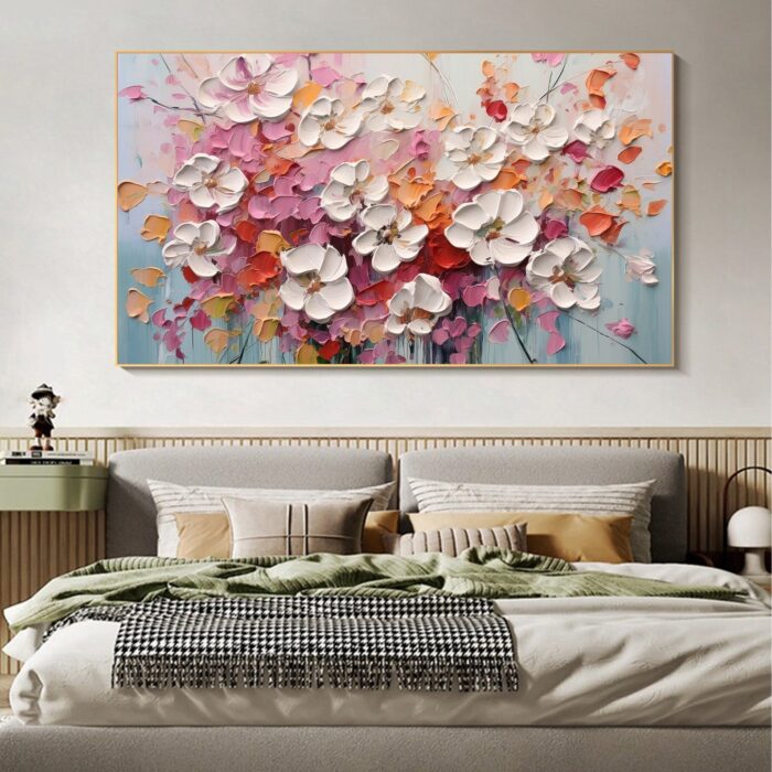 White And Pink Flower Oil Painting 100% Hand Painted  3D Texture Thick Floral Flower Painting Palette Knife Oil Painting On Canvas Decor for Living Room Bedroom  Office Restaurant - Image 6