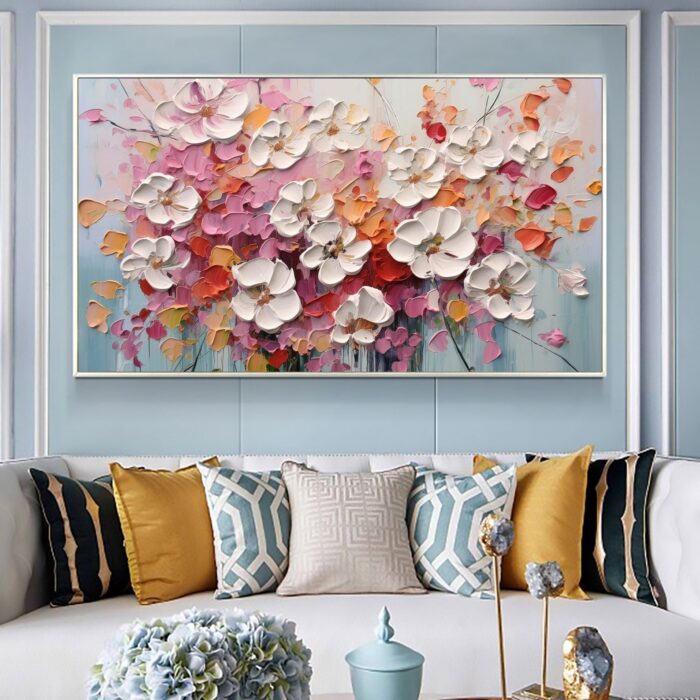 White And Pink Flower Oil Painting 100% Hand Painted  3D Texture Thick Floral Flower Painting Palette Knife Oil Painting On Canvas Decor for Living Room Bedroom  Office Restaurant - Image 4