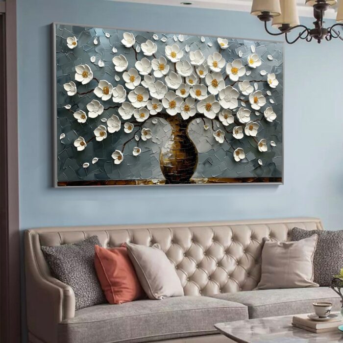 White Flowers Original Oil Painting Brown Textured Flower Vase Canvas Painting Abstract Blue Canvas Wall Decor for Living Room - Image 8