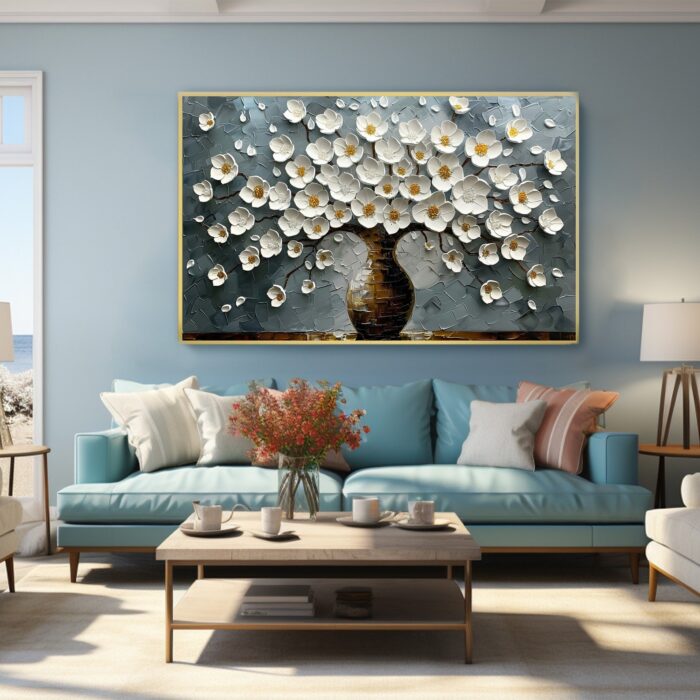 White Flowers Original Oil Painting Brown Textured Flower Vase Canvas Painting Abstract Blue Canvas Wall Decor for Living Room - Image 5