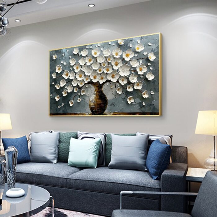 White Flowers Original Oil Painting Brown Textured Flower Vase Canvas Painting Abstract Blue Canvas Wall Decor for Living Room - Image 9