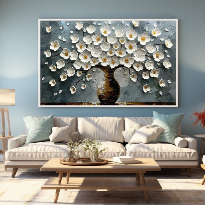 White Flowers Original Oil Painting Brown Textured Flower Vase Canvas Painting Abstract Blue Canvas Wall Decor for Living Room