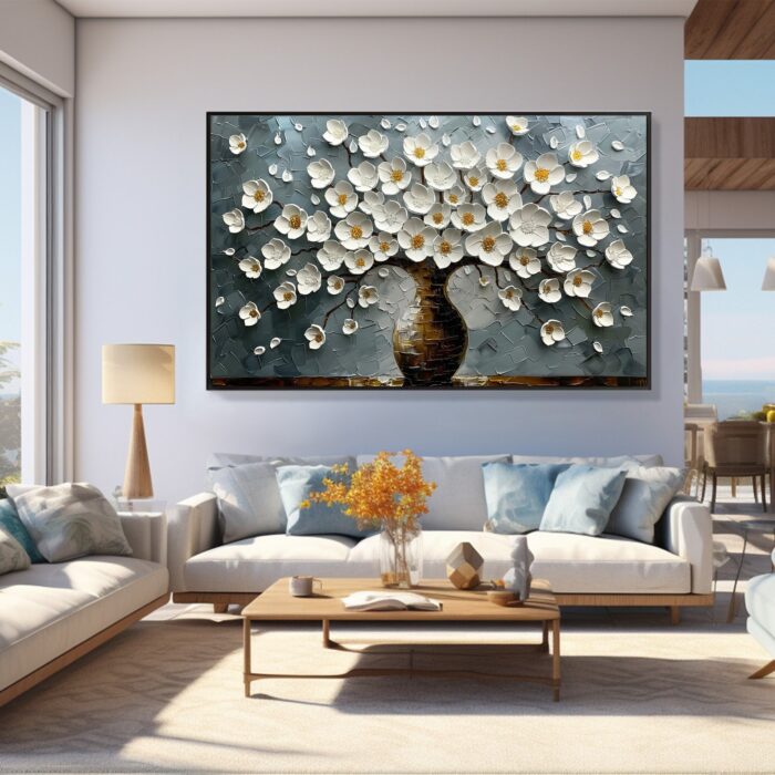 White Flowers Original Oil Painting Brown Textured Flower Vase Canvas Painting Abstract Blue Canvas Wall Decor for Living Room - Image 4