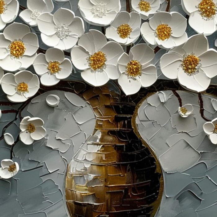 White Flowers Original Oil Painting Brown Textured Flower Vase Canvas Painting Abstract Blue Canvas Wall Decor for Living Room - Image 2