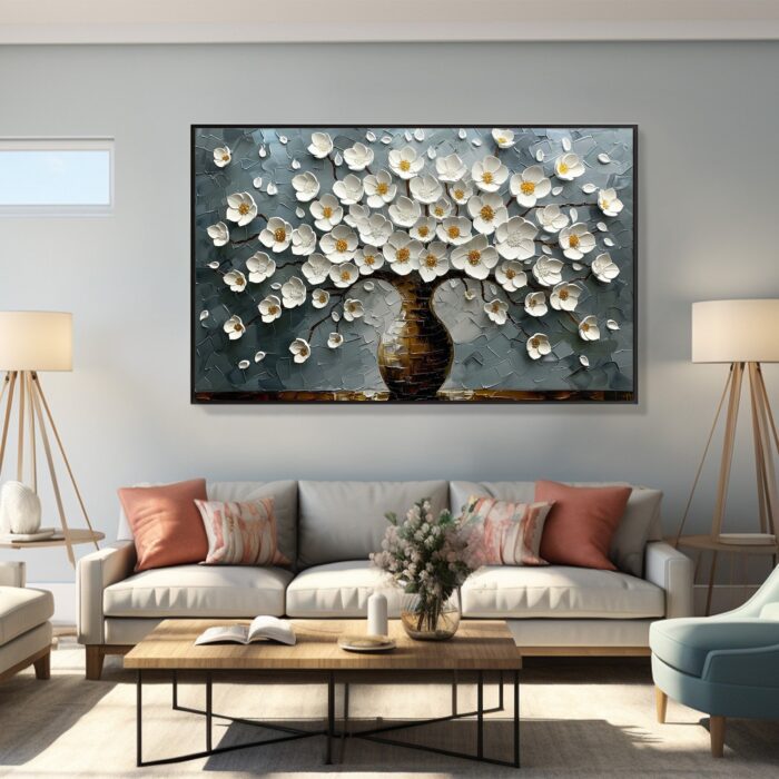 White Flowers Original Oil Painting Brown Textured Flower Vase Canvas Painting Abstract Blue Canvas Wall Decor for Living Room - Image 6