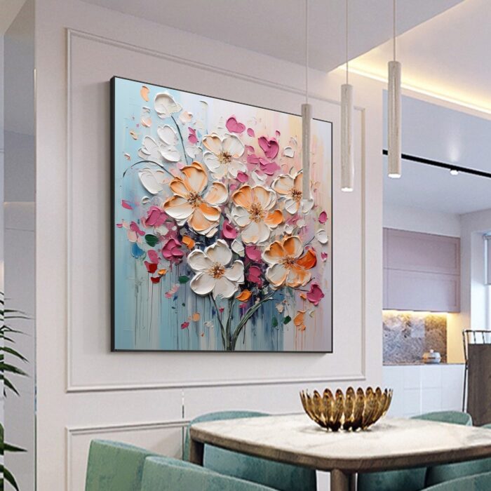 White Orange Pink Flower Canvas Wall Art Blooming Bouquet Textured Square Painting for Bedroom Living Room - Image 8