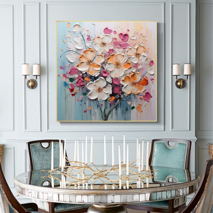 White Orange Pink Flower Canvas Wall Art Blooming Bouquet Textured Square Painting for Bedroom Living Room - Image 5