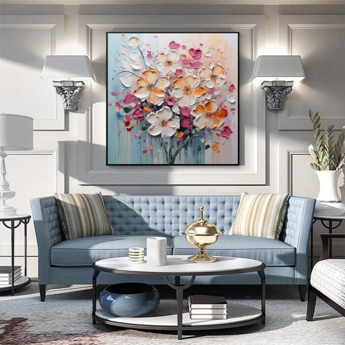 White Orange Pink Flower Canvas Wall Art Blooming Bouquet Textured Square Painting for Bedroom Living Room - Image 3