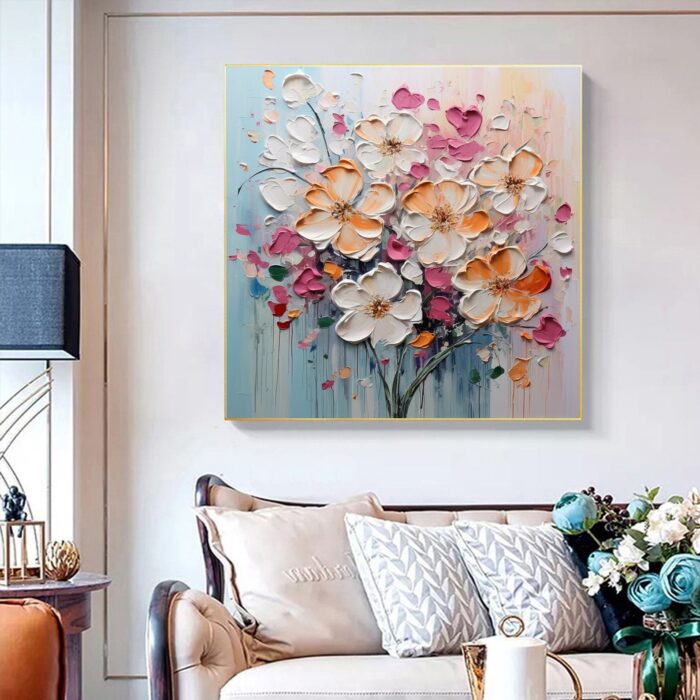 White Orange Pink Flower Canvas Wall Art Blooming Bouquet Textured Square Painting for Bedroom Living Room - Image 4