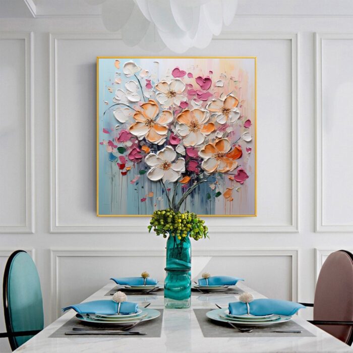 White Orange Pink Flower Canvas Wall Art Blooming Bouquet Textured Square Painting for Bedroom Living Room - Image 7