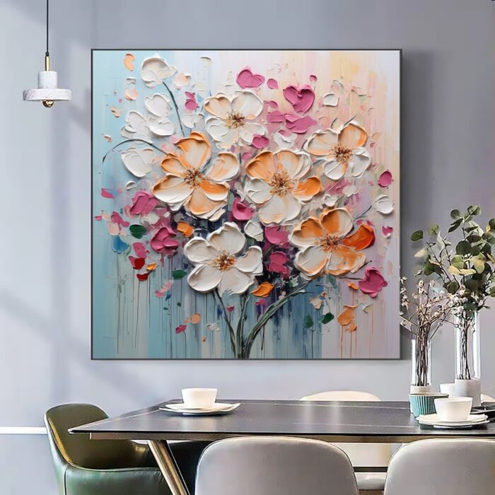 White Orange Pink Flower Canvas Wall Art Blooming Bouquet Textured Square Painting for Bedroom Living Room - Image 6