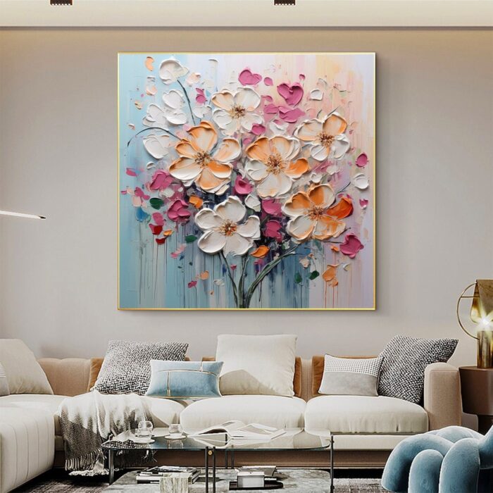 White Orange Pink Flower Canvas Wall Art Blooming Bouquet Textured Square Painting for Bedroom Living Room