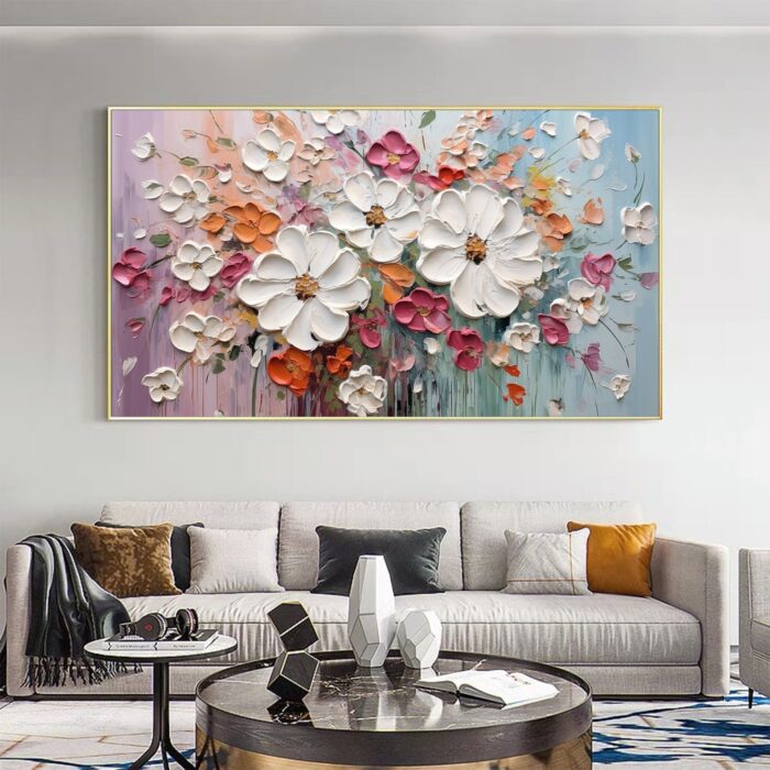 White Texture Flower Oil Painting on Canvas Extra Large WhiteFlower Painting Original Pink Floral Painting Custom Living Room Home Decor
