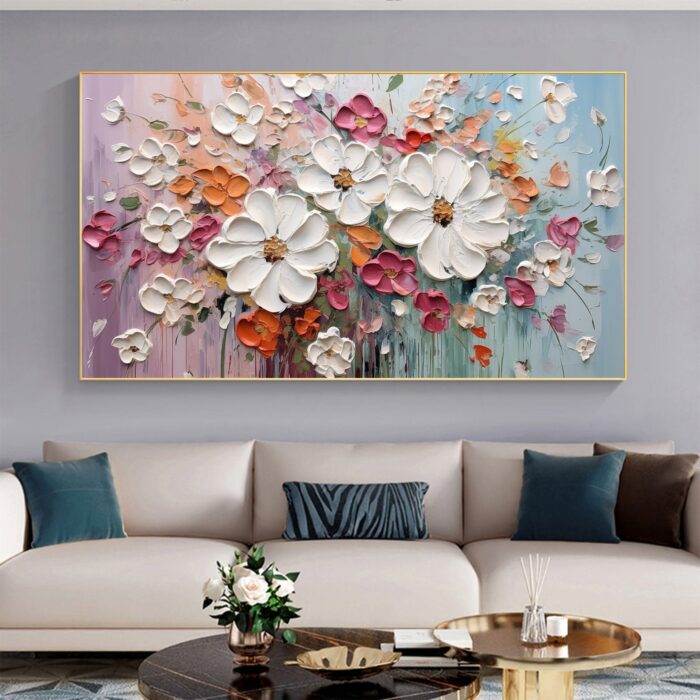 White Texture Flower Oil Painting on Canvas Extra Large WhiteFlower Painting Original Pink Floral Painting Custom Living Room Home Decor - Image 5