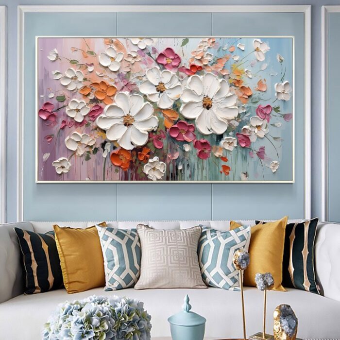 White Texture Flower Oil Painting on Canvas Extra Large WhiteFlower Painting Original Pink Floral Painting Custom Living Room Home Decor - Image 4