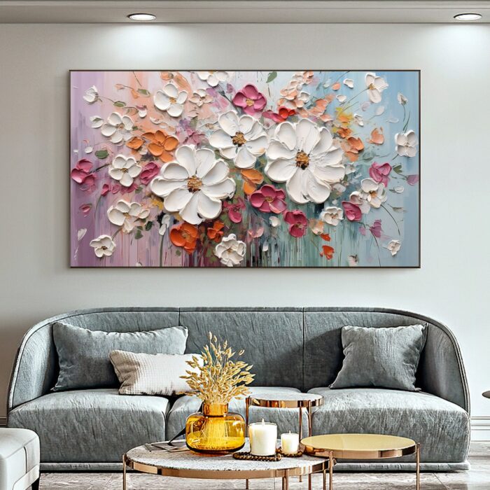 White Texture Flower Oil Painting on Canvas Extra Large WhiteFlower Painting Original Pink Floral Painting Custom Living Room Home Decor - Image 3
