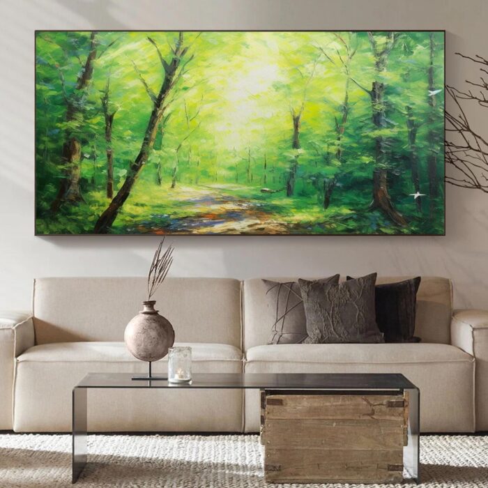 Green Forest Canvas Wall Art Trail in Forest Oil Painting Green Forest Trees on Canvas Large Painting Home Decor - Image 4