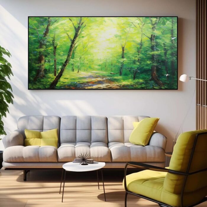Green Forest Canvas Wall Art Trail in Forest Oil Painting Green Forest Trees on Canvas Large Painting Home Decor