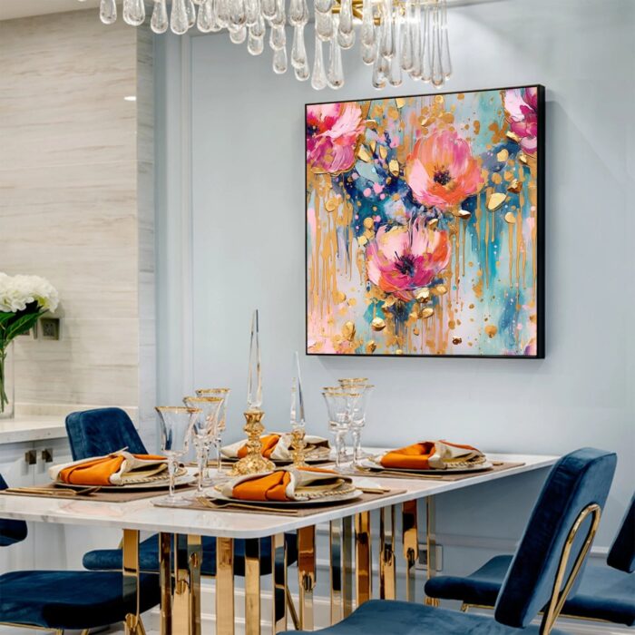 Hand Painted Pink Flower Oil Painting On Canvas Abstract Gold Foil Paintings Pink Textured Art Large Square Floral Artwork Home Decor - Image 8