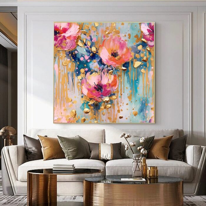 Hand Painted Pink Flower Oil Painting On Canvas Abstract Gold Foil Paintings Pink Textured Art Large Square Floral Artwork Home Decor - Image 3