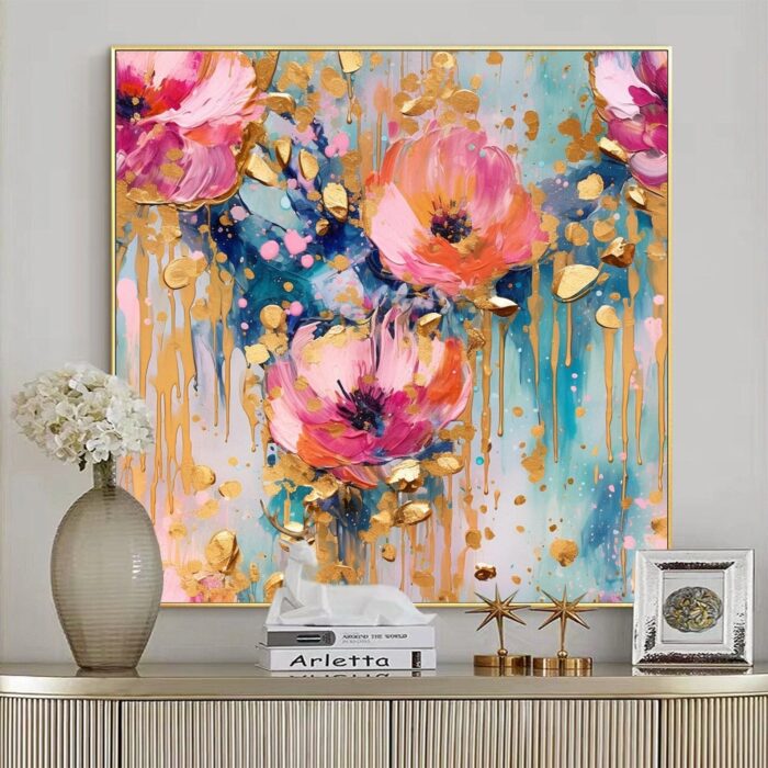 Hand Painted Pink Flower Oil Painting On Canvas Abstract Gold Foil Paintings Pink Textured Art Large Square Floral Artwork Home Decor - Image 7