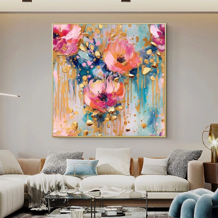 Hand Painted Pink Flower Oil Painting On Canvas Abstract Gold Foil Paintings Pink Textured Art Large Square Floral Artwork Home Decor