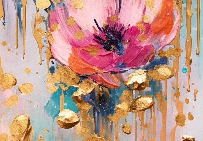 Hand Painted Pink Flower Oil Painting On Canvas Abstract Gold Foil Paintings Pink Textured Art Large Square Floral Artwork Home Decor - Image 2