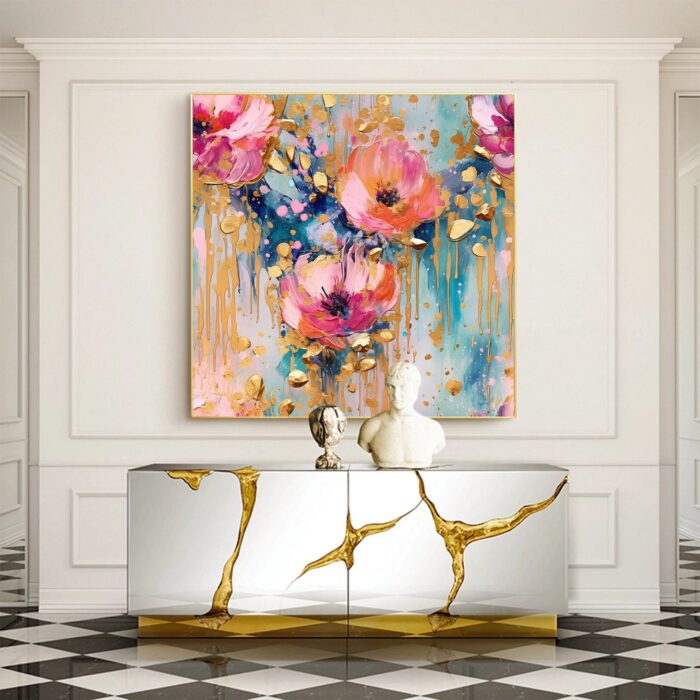 Hand Painted Pink Flower Oil Painting On Canvas Abstract Gold Foil Paintings Pink Textured Art Large Square Floral Artwork Home Decor - Image 4