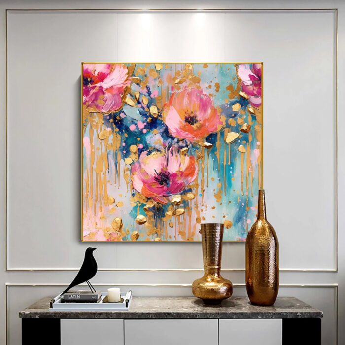 Hand Painted Pink Flower Oil Painting On Canvas Abstract Gold Foil Paintings Pink Textured Art Large Square Floral Artwork Home Decor - Image 6