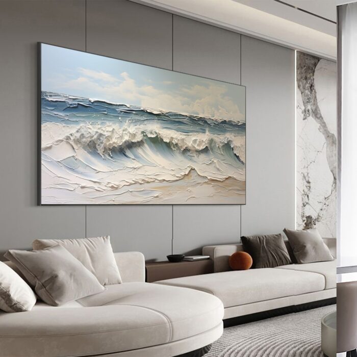 Hand Painted Rolling Ocean Waves Surfing Canvas Wall Art Blue White Seascape Artwork Rolling Wave Sea Landscape Sea Wave Canvas Wall Decor - Image 9