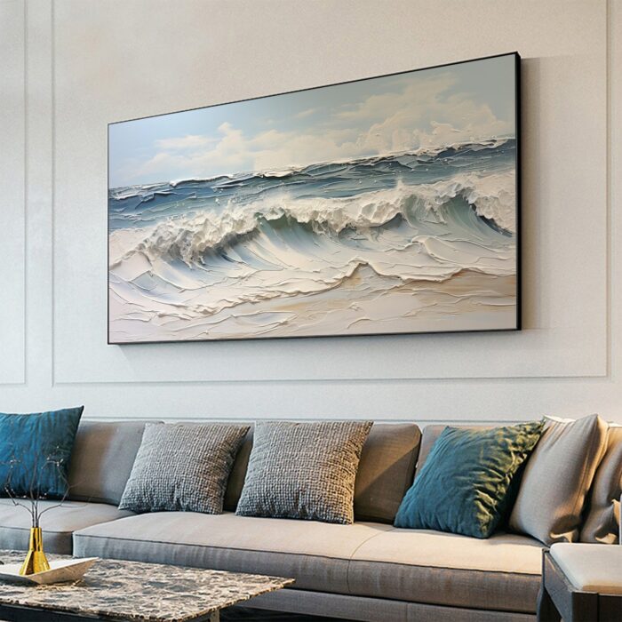 Hand Painted Rolling Ocean Waves Surfing Canvas Wall Art Blue White Seascape Artwork Rolling Wave Sea Landscape Sea Wave Canvas Wall Decor - Image 8