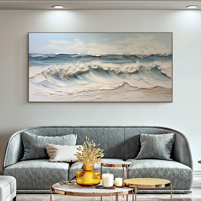 Hand Painted Rolling Ocean Waves Surfing Canvas Wall Art Blue White Seascape Artwork Rolling Wave Sea Landscape Sea Wave Canvas Wall Decor - Image 6