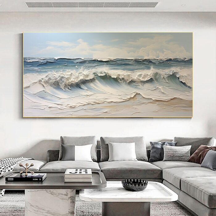 Hand Painted Rolling Ocean Waves Surfing Canvas Wall Art Blue White Seascape Artwork Rolling Wave Sea Landscape Sea Wave Canvas Wall Decor