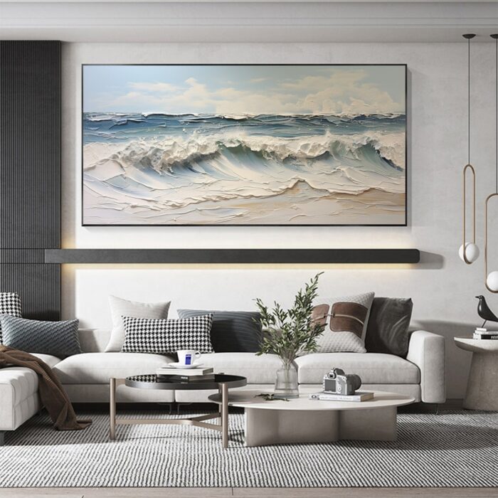 Hand Painted Rolling Ocean Waves Surfing Canvas Wall Art Blue White Seascape Artwork Rolling Wave Sea Landscape Sea Wave Canvas Wall Decor - Image 5