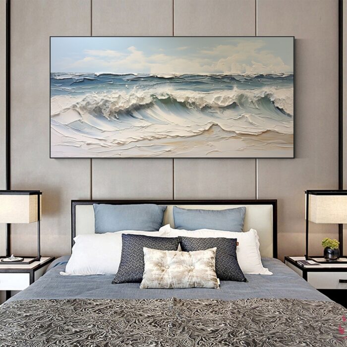 Hand Painted Rolling Ocean Waves Surfing Canvas Wall Art Blue White Seascape Artwork Rolling Wave Sea Landscape Sea Wave Canvas Wall Decor - Image 7