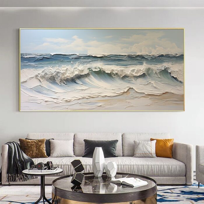 Hand Painted Rolling Ocean Waves Surfing Canvas Wall Art Blue White Seascape Artwork Rolling Wave Sea Landscape Sea Wave Canvas Wall Decor - Image 4