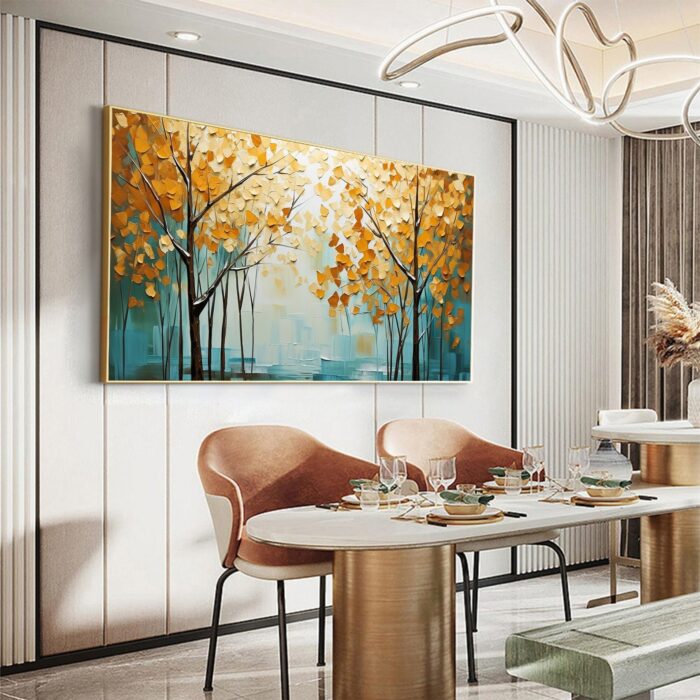 Original Fall Forest Canvas Wall Art Autumn Forest Landscape Painting Yellow Trees Scenery Artwork Dining Room Home Decorations - Image 7