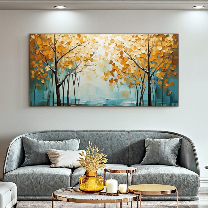 Original Fall Forest Canvas Wall Art Autumn Forest Landscape Painting Yellow Trees Scenery Artwork Dining Room Home Decorations - Image 4