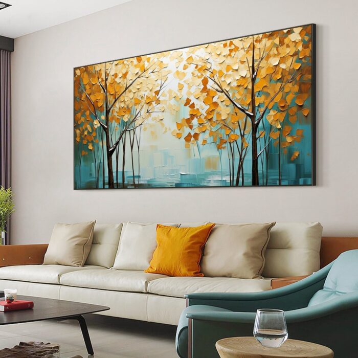 Original Fall Forest Canvas Wall Art Autumn Forest Landscape Painting Yellow Trees Scenery Artwork Dining Room Home Decorations - Image 8