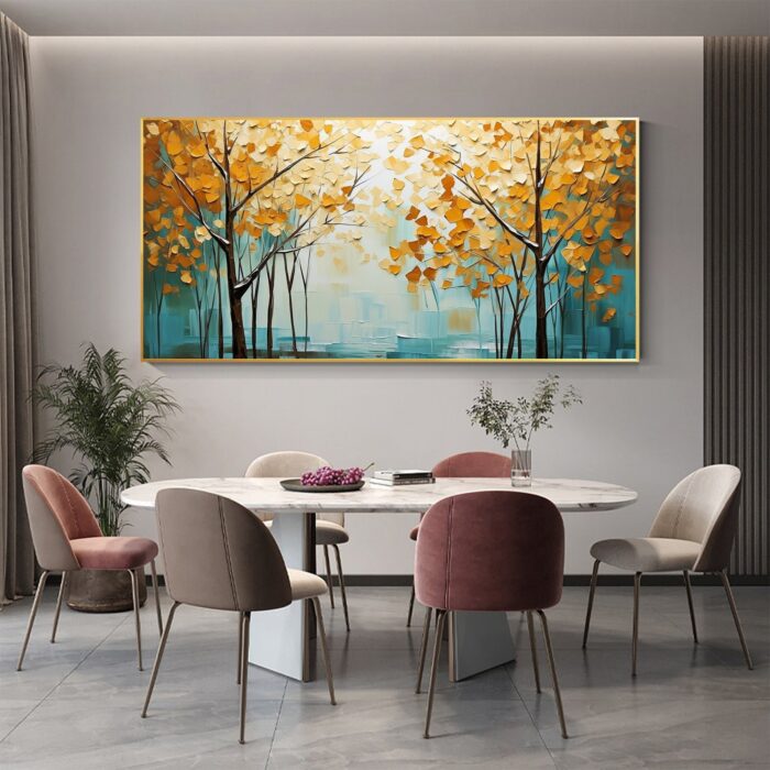 Original Fall Forest Canvas Wall Art Autumn Forest Landscape Painting Yellow Trees Scenery Artwork Dining Room Home Decorations - Image 6