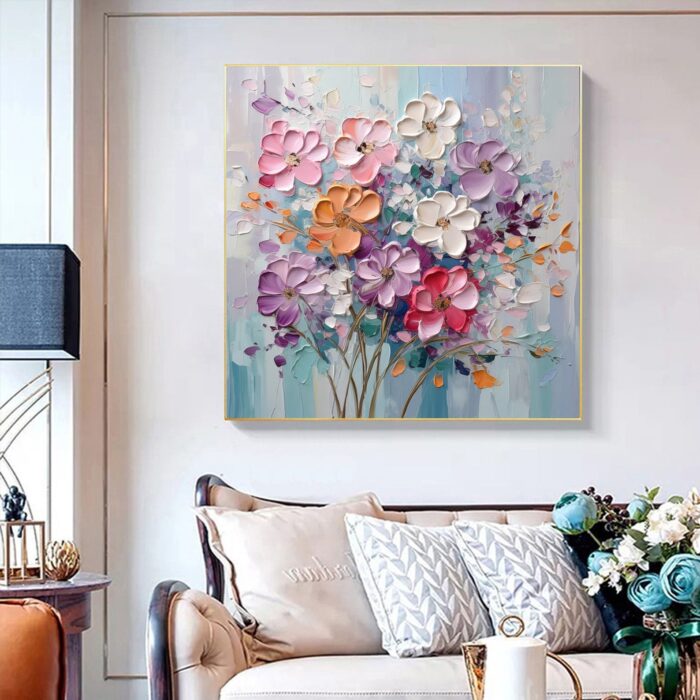 Original Purple White Floral Canvas Wall Art Flowers Wildflowers Oil Painting on Canvas Large Square Flowers Painting for Dining Room - Image 4